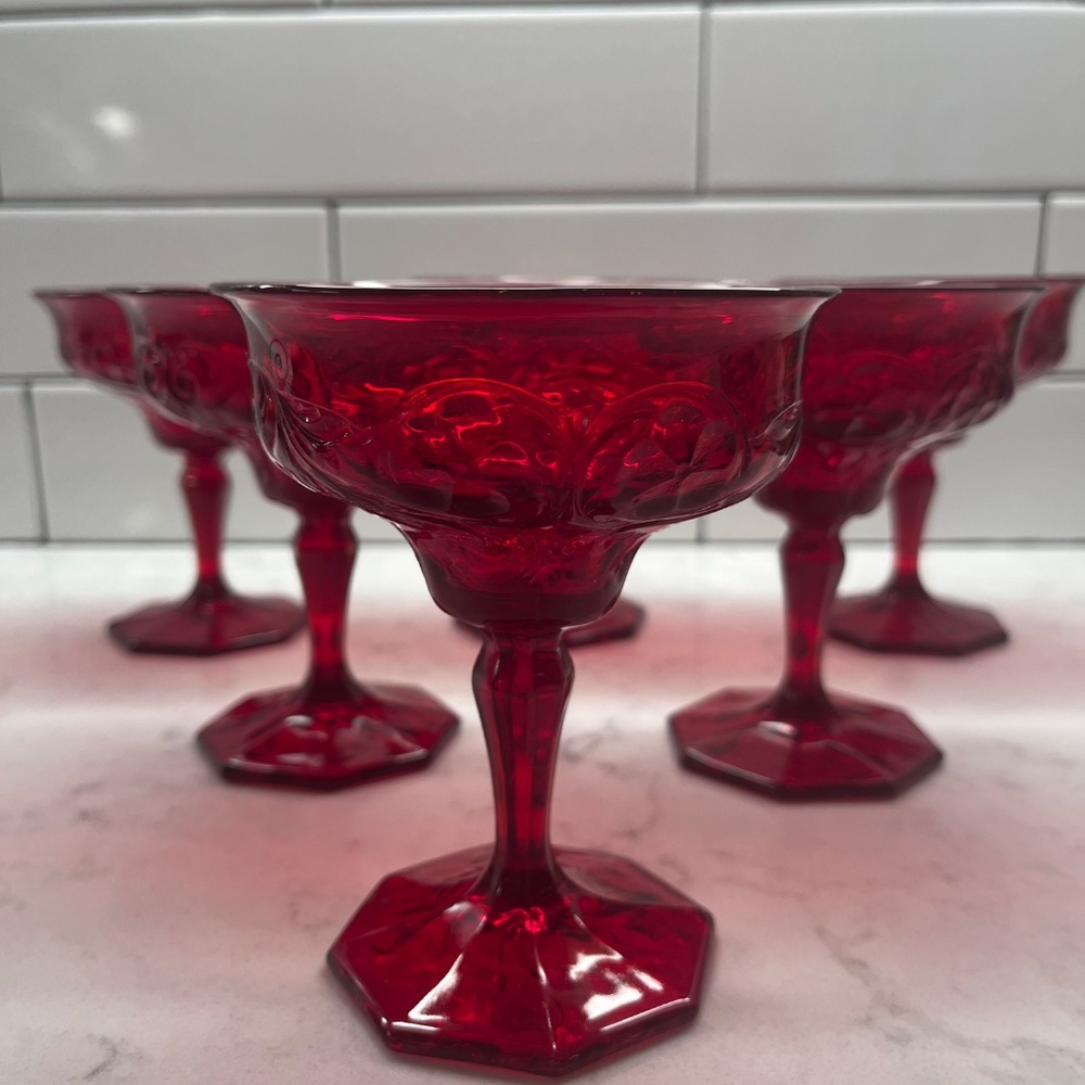(6) Vintage McKee Glass Ruby Red Rock Crystal Stemmed Champagne Glasses, 4.75"h